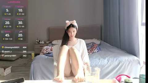 Media: A video of an Asian woman in a white bear costume sitting on a bed in a modern, minimalist bedroom, with a digital screen displaying social media metrics in the background.