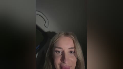 Media: Video of a blonde woman with light skin, wearing minimal makeup, with a neutral expression, captured from a low angle, partially obscured by a dark background.