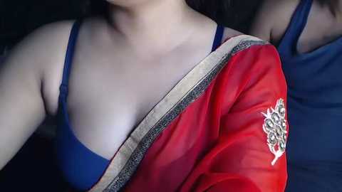 Media: Video of a woman wearing a deep blue blouse with a red and gold sari draped over her shoulder, revealing cleavage, set against a dark background.