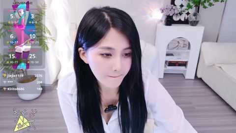 Media: Video of a young East Asian woman with long black hair, wearing a white blouse, sitting in a modern living room with white furniture, potted plants, and a digital overlay displaying her stats.