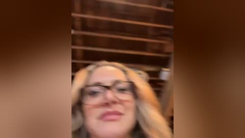 Media: A blurred, low-resolution video of a woman with blonde hair and glasses, wearing a black top, against a wooden background.