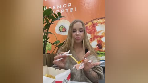 Media: A video of a young blonde woman with long hair, light skin, and tattoos on her arms, holding a takeout box and chopsticks, sitting at a table in a restaurant with a colorful, orange wall.