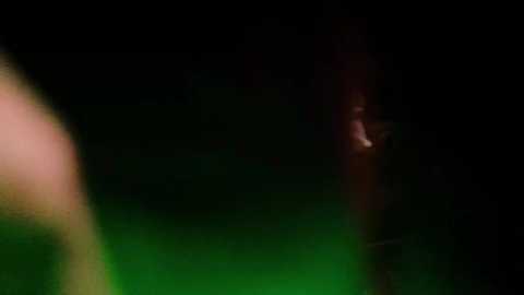 Media: Video of a dimly lit outdoor scene with a greenish glow on the left, an indistinct figure on the right, and a blurry, possibly red object in the background.