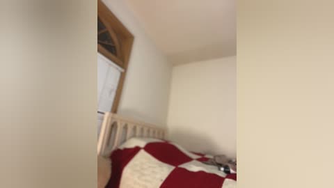 Media: A blurry video of a small, sparse bedroom with a wooden bed, red and white quilt, and a small window with a wooden frame.