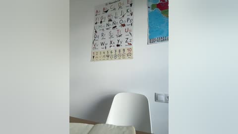 Media: Video of a minimalist room with a white chair, beige rug, white wall adorned with a colorful alphabet chart, and a blue map.