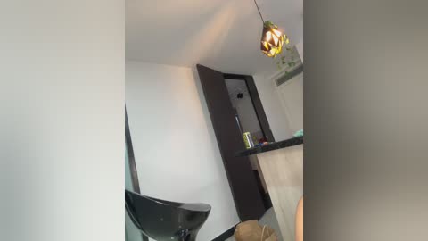 Media: Video of a modern, minimalist bedroom with white walls, a black chair, a dark wooden cabinet, a hanging light fixture, and a potted plant.