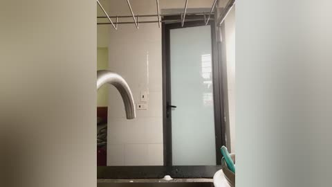 Media: Video of a modern, minimalist bathroom with frosted glass door, silver faucet, white tiled walls, and teal chair, illuminated by natural light from a window.