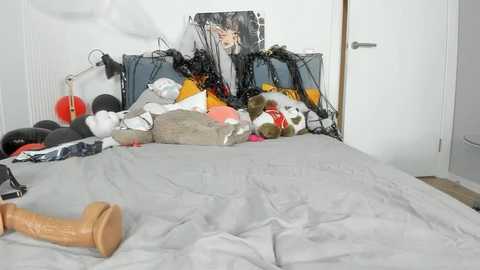 Media: A messy bedroom with a cluttered bed covered in a gray blanket, surrounded by stuffed animals, a sex toy, and a black chain.