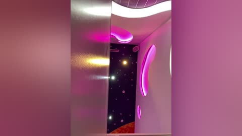 Media: A CGI image of a futuristic, curved room with a ceiling light casting pink hues. The walls feature circular cutouts, and the background shows a starry sky.