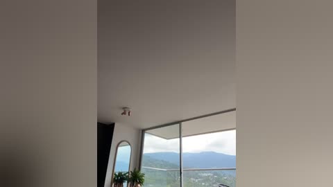 Media: Video of a minimalist, modern living room with white walls, large floor-to-ceiling windows revealing a scenic view of rolling hills and distant mountains. A small, potted plant is visible on the left.