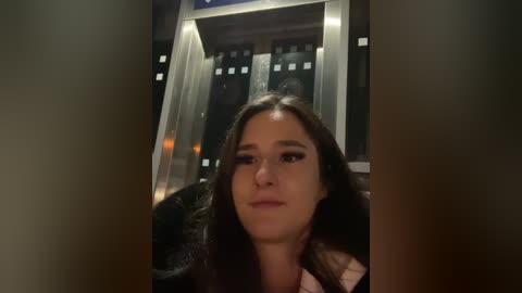 Media: Video of a woman with long, dark hair and a neutral expression standing in a dimly lit elevator. She wears a black coat and is surrounded by metallic elevator doors.