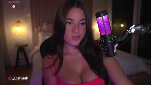 Media: Video of a Latina woman with long, dark hair, wearing a red, low-cut top, holding a purple and black microphone. Background includes a dimly lit bedroom with a bed and wooden furniture.