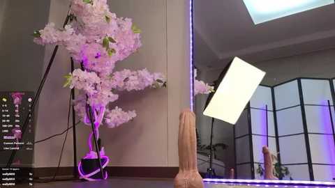 Media: Video of a modern room with a large wooden dildo, a pink cherry blossom arrangement, and a bright white light box reflecting on a mirror.