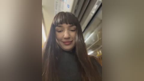 Media: A video of a young woman with long, straight dark brown hair and bangs, wearing a black turtleneck, smiling softly. The background shows a blurred subway car interior with metallic elements and a poster.