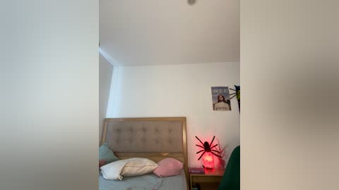 Media: Video of a minimalist, sparsely decorated bedroom with a wooden headboard, white walls, a spider nightlight, and a framed magazine cover.