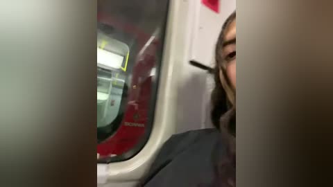 Media: A video of an Asian woman with long dark hair partially obscured by a window frame, wearing a dark jacket, looking out at a red and white subway train.