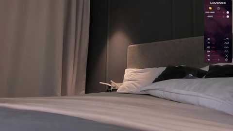 Media: Video of a modern bedroom with a grey upholstered headboard, white pillows, and grey curtains. A small, white lamp sits on a nightstand.