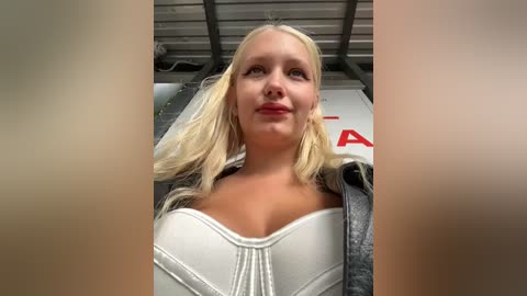 Media: Video of a blonde woman with fair skin, wearing a white, off-the-shoulder top, standing in a garage with a metal roof.