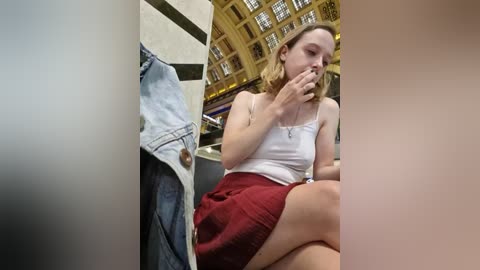 Media: Video of a young woman with fair skin, blonde hair, wearing a white tank top and red skirt, seated in a library, looking thoughtful.