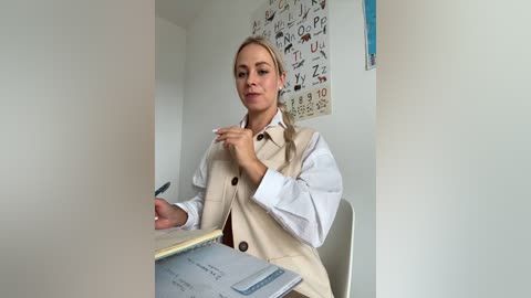 Media: Video of a blonde, fair-skinned woman with a white blouse and beige vest, seated at a desk, writing with a pen, in a classroom with alphabet posters on the wall.