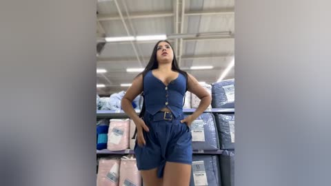 Media: Video of a Latina woman with long dark hair in a blue sleeveless vest and high-waisted shorts, standing in a warehouse with shelves full of blue and pink boxes.