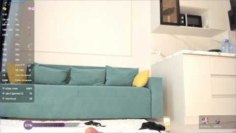 Media: Video of a modern, minimalist living room with a teal sofa, yellow cushion, and white walls. Kitchen area visible with white cabinets and microwave.