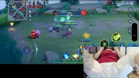 Media: Screenshot from a League of Legends game showing a player's view, with a female character in a red shirt and white pants lying on a bed, watching the game.