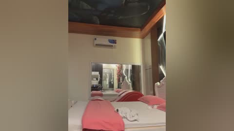 Media: Video of a small, sparsely furnished bedroom with beige walls and a wooden ceiling. The room features a bed with pink sheets and white pillows, a white dresser, and a large mirror reflecting a person standing in the background.