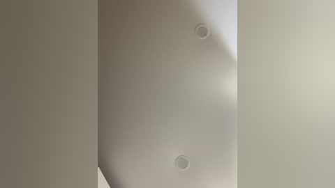 Media: A video of a white, smooth wall with two circular holes, likely for hanging items, in a minimalist, industrial-style setting. The background is a plain, off-white wall, emphasizing the clean and simple aesthetic.