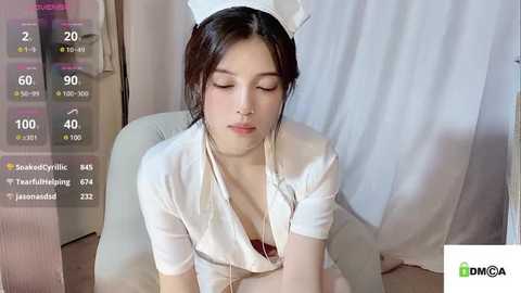 Media: A video of an East Asian woman in a revealing white nurse outfit, with a nurse hat, in a hospital setting. The image includes a digital overlay of social media metrics.