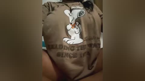 Media: Video of a person wearing a brown t-shirt with a cartoon character holding a flag, with text \"HOLDING THE FLAG SINCE '76.\