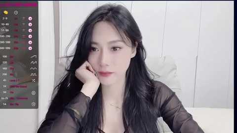 Media: A video of an East Asian woman with long black hair, pale skin, and a slender build, wearing a sheer black top, resting her chin on her hand, in front of a white wall with a digital clock displaying dates and times.