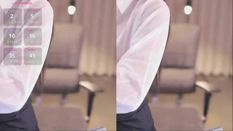 Media: Video of a person wearing a white shirt and dark pants, seen from the back in two different poses. The background features a blurred office setting with beige curtains and a chair.