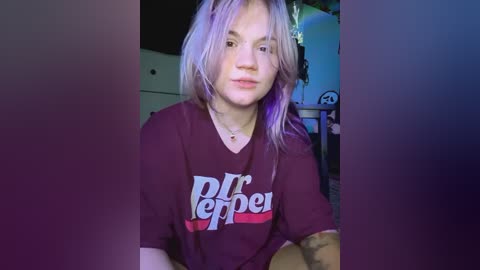 Media: Video of a young, pale-skinned woman with shoulder-length, lavender hair, wearing a maroon \"Bud Light\" t-shirt, sitting in a dimly lit room.