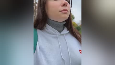 Media: Video of a young woman with fair skin, long brown hair, and wearing a light gray hoodie with a high collar, partially visible in a blurred outdoor setting.