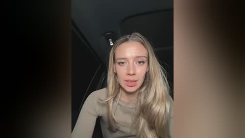 Media: Video of a blonde Caucasian woman with long hair, wearing a beige top, seated in a car, looking straight at the camera.