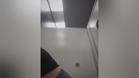 Media: Video of a narrow, dimly lit restroom with a white ceiling, a single fluorescent light, and a black wall. A person's arm and black t-shirt are visible on the left.