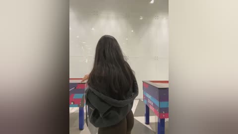 Media: Video of a woman with long, dark hair, wearing a gray hoodie, standing with her back to the camera in a brightly lit, modern art gallery with colorful, geometric sculptures in the background.