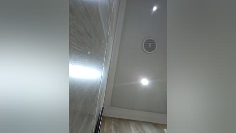 Media: Video of a modern, minimalist room with a shiny, reflective glass wall. The ceiling features recessed lights and a circular vent. The floor is light-colored hardwood. The room exudes a sleek, contemporary design.