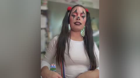 Media: Video of a young woman with dark skin, long black hair in pigtails, white shirt, and colorful face paint. She's indoors with blurred background objects.