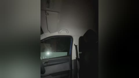 Media: Video of a dimly lit truck's interior, with a white ceiling and a reflective surface on the right side, showcasing a bright, circular light source. The overall ambiance is dark and moody.