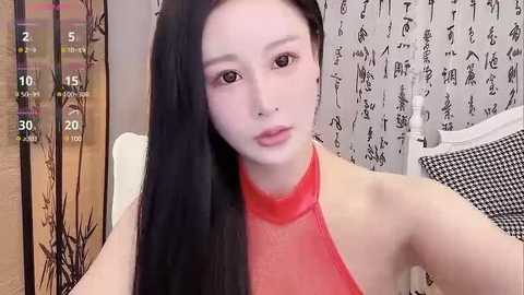 Media: A video of a young East Asian woman with fair skin, long black hair, and dark eyes, wearing a red halterneck top. The background features black and white Japanese calligraphy.