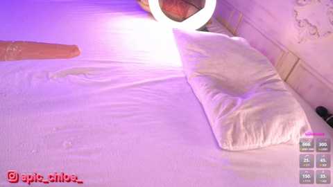 Media: Video of a white bed with a white pillow, a nude man's erect penis, and a ring light illuminating the scene.