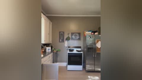 Media: Video of a cozy, well-lit kitchen with beige walls, white cabinets, a stainless steel fridge, black stove, and various decor items.