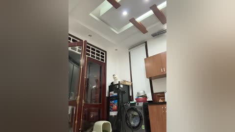 Media: Video of a modern, minimalist laundry room with a white ceiling featuring recessed lights and wooden beams. A mannequin dressed in a black and white outfit stands near a washer and dryer, with wooden cabinets and a glass door on the left.