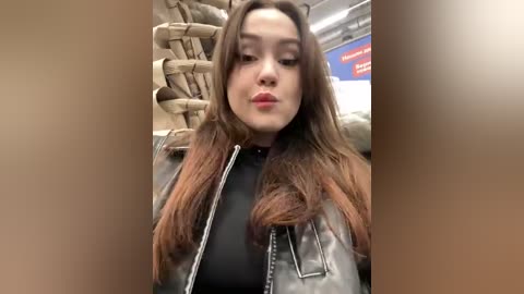 Media: Video of an East Asian woman with long brown hair and fair skin, wearing a black leather jacket and a black top, posing in a pet store with a cat tower and a red sign in the background.