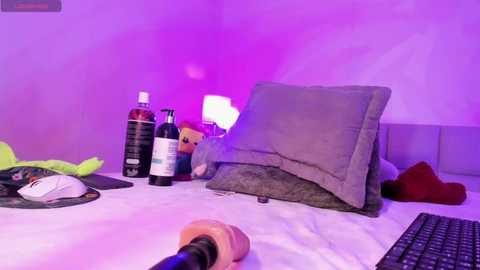 Media: Video of a cluttered bedroom desk with various items, including a plush toy, bottles, a laptop, and a gaming controller, under purple lighting.