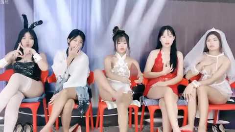 Media: Video of five Asian women in sexy bunny costumes with revealing dresses, sitting on red chairs in front of a white curtain backdrop.