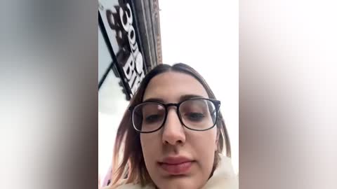 Media: Video of a young woman with light skin and straight brown hair, wearing black-rimmed glasses, smiling, standing in front of a blurred street sign.