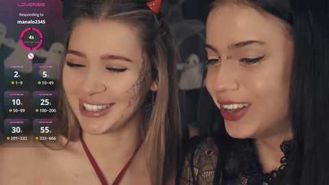 Media: Video of two smiling young women with fair skin and light brown hair. One wears a red necklace, the other a black lace top. Background shows a dimly lit room with muted colors.